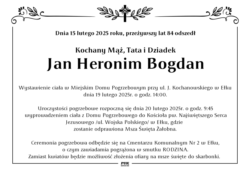 Jan Heronim Bogdan - nekrolog